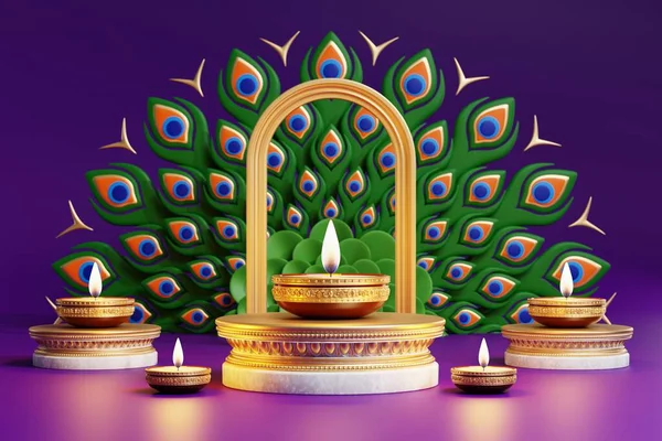 ディワリ祭の3Dレンダリングディワリ ディープヴァリ ディパヴァリの3色の上に金のダイヤでインドの光の祭り パターン化された結晶背景 — ストック写真