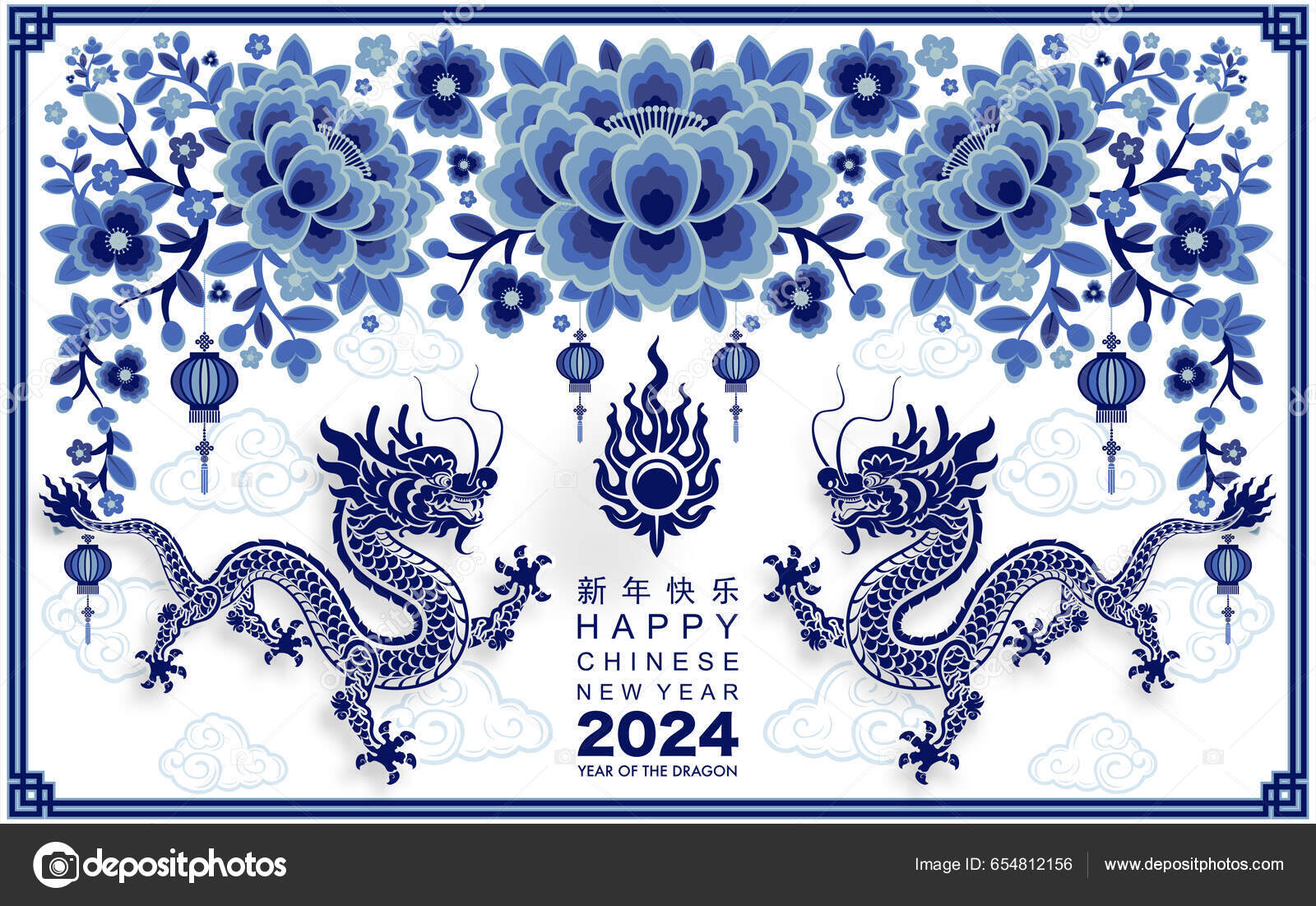 喜庆的中国农历2024年龙黄道带着花亚洲元素蓝瓷风格的色彩背景喜庆龙年  image