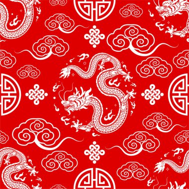 Kusursuz desenli mutlu Çin Yeni Yılı 2024. Ejderha burcu tabelası. Üzerinde Asyalı elementlerin kağıt kesimi tarzı var. çeviri: mutlu yıllar ejderhanın 2024 yılı )
