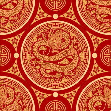 Kusursuz desenli mutlu Çin Yeni Yılı 2024. Ejderha burcu tabelası. Üzerinde Asyalı elementlerin kağıt kesimi tarzı var. çeviri: mutlu yıllar ejderhanın 2024 yılı )