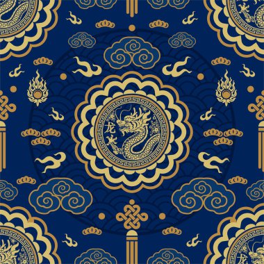 Kusursuz desenli mutlu Çin Yeni Yılı 2024. Ejderha burcu tabelası. Üzerinde Asyalı elementlerin kağıt kesimi tarzı var. çeviri: mutlu yıllar ejderhanın 2024 yılı )