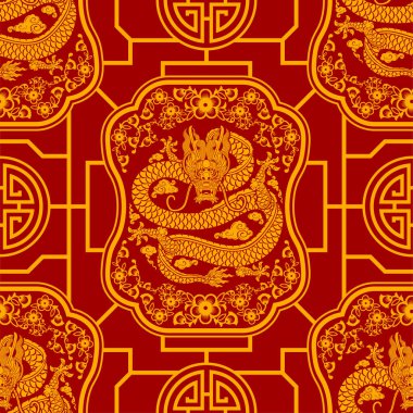 Kusursuz desenli mutlu Çin Yeni Yılı 2024. Ejderha burcu tabelası. Üzerinde Asyalı elementlerin kağıt kesimi tarzı var. çeviri: mutlu yıllar ejderhanın 2024 yılı )