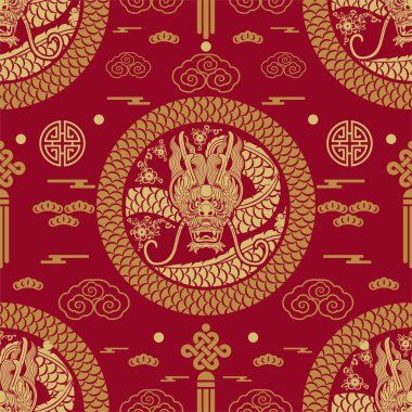 Kusursuz desenli mutlu Çin Yeni Yılı 2024. Ejderha burcu tabelası. Üzerinde Asyalı elementlerin kağıt kesimi tarzı var. çeviri: mutlu yıllar ejderhanın 2024 yılı )