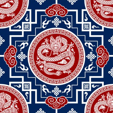 Kusursuz desenli mutlu Çin Yeni Yılı 2024. Ejderha burcu tabelası. Üzerinde Asyalı elementlerin kağıt kesimi tarzı var. çeviri: mutlu yıllar ejderhanın 2024 yılı )