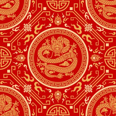 Kusursuz desenli mutlu Çin Yeni Yılı 2024. Ejderha burcu tabelası. Üzerinde Asyalı elementlerin kağıt kesimi tarzı var. çeviri: mutlu yıllar ejderhanın 2024 yılı )