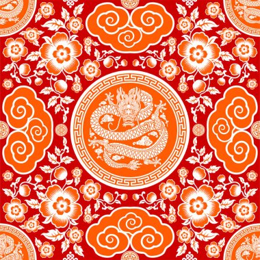 Kusursuz desenli mutlu Çin Yeni Yılı 2024. Ejderha burcu tabelası. Üzerinde Asyalı elementlerin kağıt kesimi tarzı var. çeviri: mutlu yıllar ejderhanın 2024 yılı )