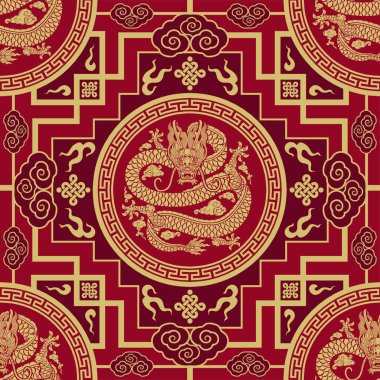 Kusursuz desenli mutlu Çin Yeni Yılı 2024. Ejderha burcu tabelası. Üzerinde Asyalı elementlerin kağıt kesimi tarzı var. çeviri: mutlu yıllar ejderhanın 2024 yılı )