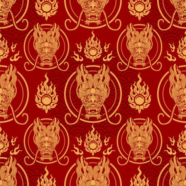 Kusursuz desenli mutlu Çin Yeni Yılı 2024. Ejderha burcu tabelası. Üzerinde Asyalı elementlerin kağıt kesimi tarzı var. çeviri: mutlu yıllar ejderhanın 2024 yılı )