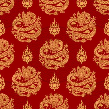 Kusursuz desenli mutlu Çin Yeni Yılı 2024. Ejderha burcu tabelası. Üzerinde Asyalı elementlerin kağıt kesimi tarzı var. çeviri: mutlu yıllar ejderhanın 2024 yılı )