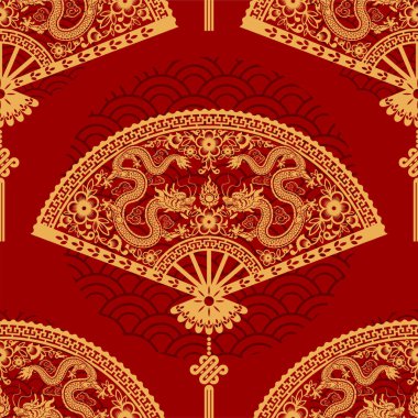 Kusursuz desenli mutlu Çin Yeni Yılı 2024. Ejderha burcu tabelası. Üzerinde Asyalı elementlerin kağıt kesimi tarzı var. çeviri: mutlu yıllar ejderhanın 2024 yılı )