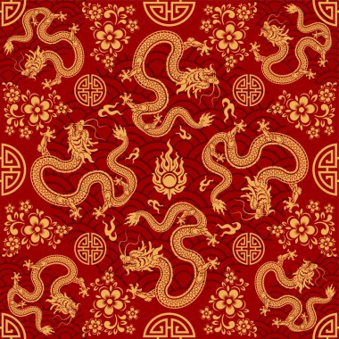 Kusursuz desenli mutlu Çin Yeni Yılı 2024. Ejderha burcu tabelası. Üzerinde Asyalı elementlerin kağıt kesimi tarzı var. çeviri: mutlu yıllar ejderhanın 2024 yılı )