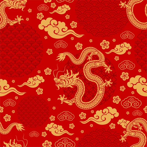 中国の新年の幸せなシームレスなパターン2024アジアの要素紙の色の背景にカットスタイルで龍黄道サイン 2024年新年明けましておめでとうございます — ストックベクタ