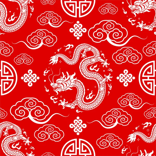 中国の新年の幸せなシームレスなパターン2024アジアの要素紙の色の背景にカットスタイルで龍黄道サイン 2024年新年明けましておめでとうございます — ストックベクタ