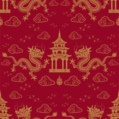 Kusursuz desenli mutlu Çin Yeni Yılı 2024. Ejderha burcu tabelası. Üzerinde Asyalı elementlerin kağıt kesimi tarzı var. çeviri: mutlu yıllar ejderhanın 2024 yılı )