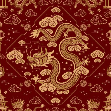 Kusursuz desenli mutlu Çin Yeni Yılı 2024. Ejderha burcu tabelası. Üzerinde Asyalı elementlerin kağıt kesimi tarzı var. çeviri: mutlu yıllar ejderhanın 2024 yılı )