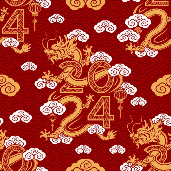 无缝图案喜庆的中国农历2024年 龙黄道带着亚洲元素剪纸风格的色彩背景 喜庆龙年2024年 — 图库矢量图片