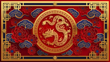 Mutlu Çin Yeni Yılı 2024. Ejderha burcu çiçek, fener, Asya unsurları mavi porselen tarzıyla renklendirilmiş. çeviri: mutlu yıllar ejderhanın 2024 yılı )