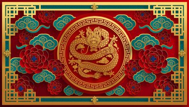 Mutlu Çin Yeni Yılı 2024. Ejderha burcu çiçek, fener, Asya unsurları mavi porselen tarzıyla renklendirilmiş. çeviri: mutlu yıllar ejderhanın 2024 yılı )