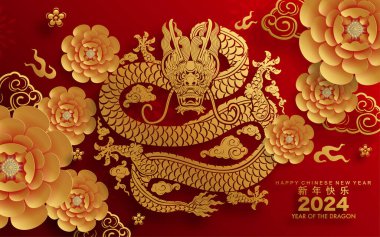 Mutlu Çin Yeni Yılı 2024. Ejderha burcu çiçek, fener, Asya unsurları mavi porselen tarzıyla renklendirilmiş. çeviri: mutlu yıllar ejderhanın 2024 yılı )