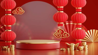 Kürsüde podyumun yuvarlak sahne podyumu ve kağıt sanatının yeni yıl Çin, Çin festivalleri, sonbahar ortası festivali, kırmızı ve altın, çiçek ve Asya unsurlarının gösterimi