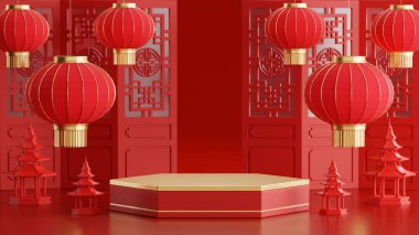 Kürsüde podyumun yuvarlak sahne podyumu ve kağıt sanatının yeni yıl Çin, Çin festivalleri, sonbahar ortası festivali, kırmızı ve altın, çiçek ve Asya unsurlarının gösterimi