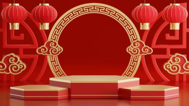 Kürsüde podyumun yuvarlak sahne podyumu ve kağıt sanatının yeni yıl Çin, Çin festivalleri, sonbahar ortası festivali, kırmızı ve altın, çiçek ve Asya unsurlarının gösterimi