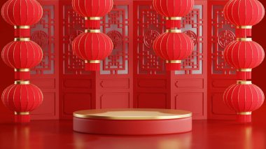 Kürsüde podyumun yuvarlak sahne podyumu ve kağıt sanatının yeni yıl Çin, Çin festivalleri, sonbahar ortası festivali, kırmızı ve altın, çiçek ve Asya unsurlarının gösterimi