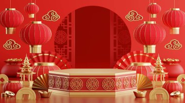 Kürsüde podyumun yuvarlak sahne podyumu ve kağıt sanatının yeni yıl Çin, Çin festivalleri, sonbahar ortası festivali, kırmızı ve altın, çiçek ve Asya unsurlarının gösterimi