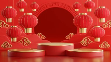 Kürsüde podyumun yuvarlak sahne podyumu ve kağıt sanatının yeni yıl Çin, Çin festivalleri, sonbahar ortası festivali, kırmızı ve altın, çiçek ve Asya unsurlarının gösterimi