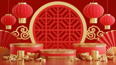 Kürsüde podyumun yuvarlak sahne podyumu ve kağıt sanatının yeni yıl Çin, Çin festivalleri, sonbahar ortası festivali, kırmızı ve altın, çiçek ve Asya unsurlarının gösterimi