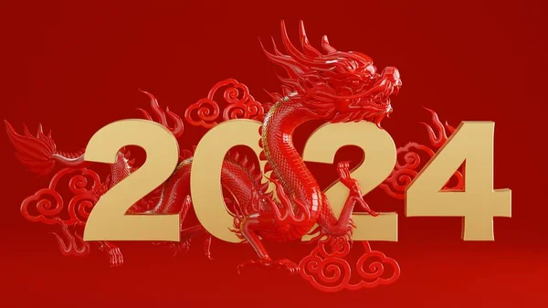 幸せな中国の新年のための3Dレンダリングイラスト2024背景に花 アジアの要素 赤と金と龍星座 竜の年2024年 — ストック写真