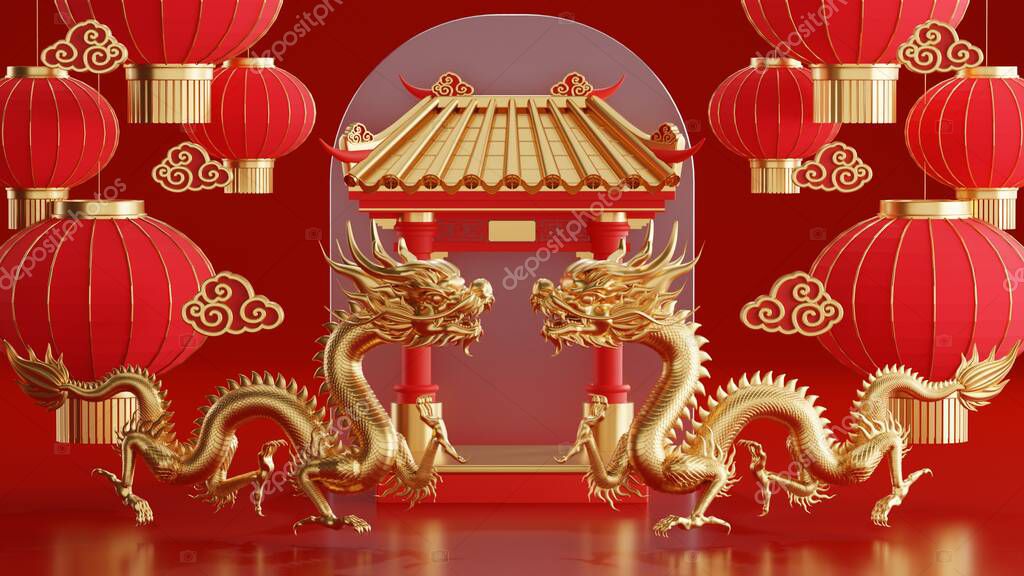 3d rendering illustration for happy chinese new year 2024 the dragon zodiac sign with flower, lantern, asian elements, red and gold on background. ( Translation :  year of the dragon 2024
