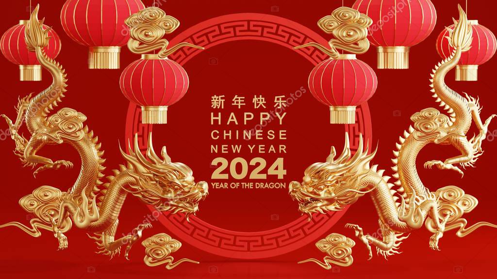 3d rendering illustration for happy chinese new year 2024 the dragon zodiac sign with flower, lantern, asian elements, red and gold on background. ( Translation :  year of the dragon 2024