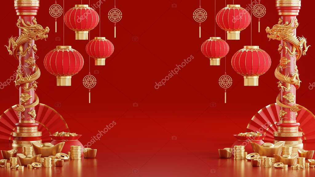 3d rendering illustration background for happy chinese new year 2024 the dragon zodiac sign with red and gold color, flower, lantern, and asian elements. ( Translation :  year of the dragon 2024