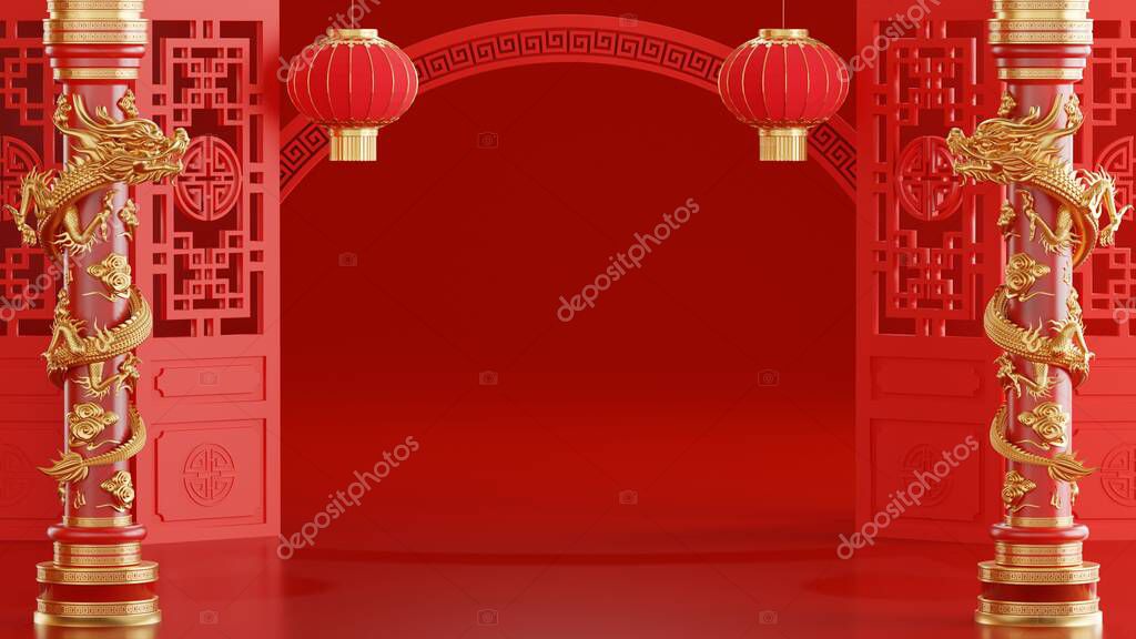 3d rendering illustration background for happy chinese new year 2024 the dragon zodiac sign with red and gold color, flower, lantern, and asian elements. ( Translation :  year of the dragon 2024