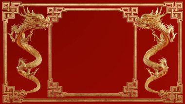 Mutlu Çin Yeni Yılı 2024 için 3D resimleme arka planı kırmızı ve altın renkli ejderha burcu çiçek, fener ve Asya elementleri. (Çeviri: Ejder Yılı 2024 