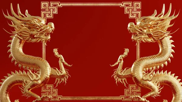 3d rendering illustration background for happy chinese new year 2024 the dragon zodiac sign with red and gold color, flower, lantern, and asian elements. ( Translation :  year of the dragon 2024