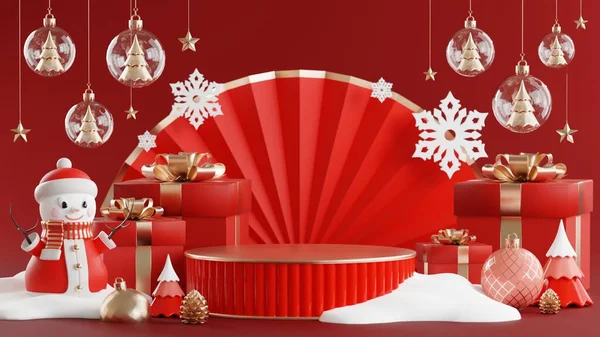 Rendering Illustration Podium Winter Weihnachtsfest Mit Weihnachtsbaum Weihnachtsmann Geschenkboxen Band — Stockfoto