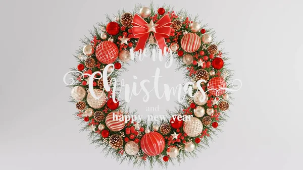 クリスマスツリー サンタクラス ギフトボックス リボン ボール プロモーション販売 プレゼンテーション台座3Dレンダリングとクリスマスフェスティバルのための豪華なクリスマスリース3Dレンダリングイラスト — ストック写真