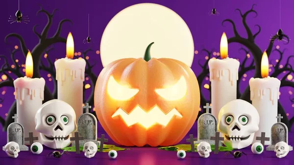Rendering Illustration Design Halloween Banner Pumpkin Crucifix Skull Candle Candy — Stock Photo, Image