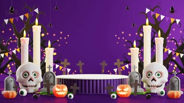 Визуализация Иллюстрации Дизайн Трибуны Хэллоуина Баннер Тыквой Распятие Череп Свеча — стоковое фото