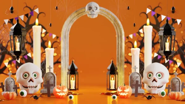 Renderowania Ilustracja Projekt Halloween Baner Dyni Krucyfiks Czaszka Świeca Cukierki — Zdjęcie stockowe