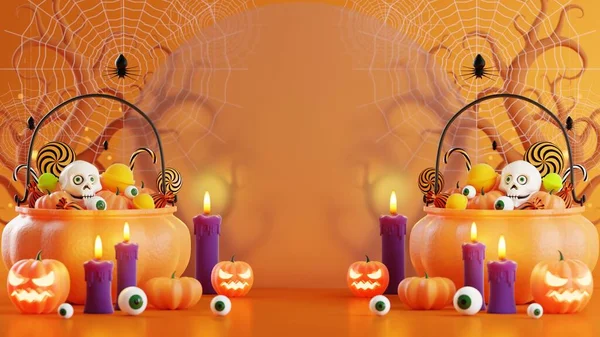 Disegno Illustrazione Rendering Banner Halloween Con Zucca Crocifisso Teschio Candela — Foto Stock