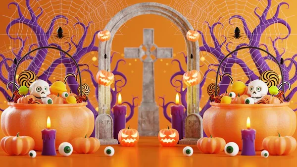 Rendering Illustration Design Halloween Banner Pumpkin Crucifix Skull Candle Candy — Stock Photo, Image