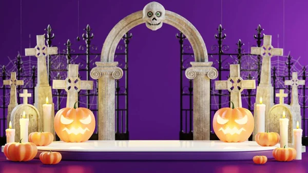 Renderelés Illusztráció Design Dobogó Halloween Banner Sütőtök Feszület Koponya Gyertya — Stock Fotó