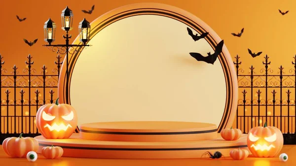 Rendering Illustration Design Podium Halloween Banner Pumpkin Crucifix Skull Candle — Stock Photo, Image