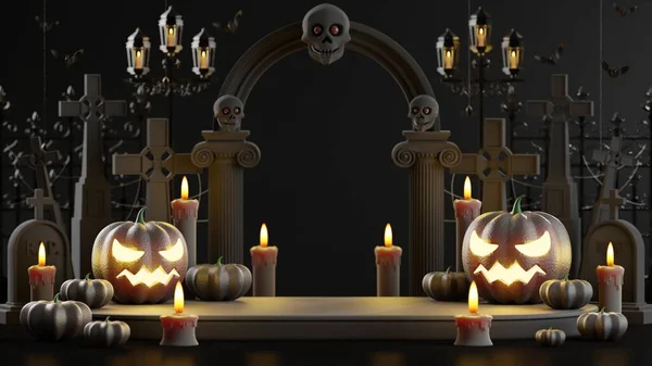 Vykreslování Ilustrační Design Pódium Pro Halloween Banner Dýní Krucifix Lebka — Stock fotografie