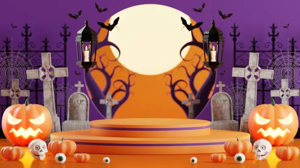 Rendering Illustratie Ontwerp Podium Voor Halloween Banner Met Pompoen Crucifix — Stockfoto