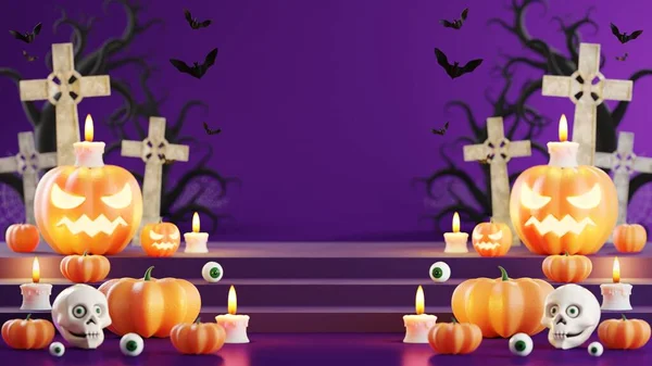 Ilustracja Projekt Podium Halloween Sztandar Dyni Krucyfiks Czaszka Świeca Cukierki — Zdjęcie stockowe