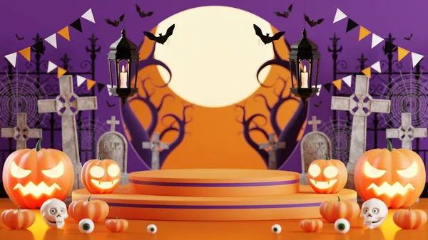 Rendu Illustration Design Podium Pour Bannière Halloween Avec Citrouille Crucifix — Photo